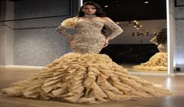 arabic aso ebi luxurious gold sexy evening dresses beaded crystals prom dresses mermaid formal party second reception gowns zj2365684293