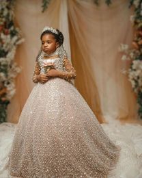 Dresses 2022 Luxurious Flower Girl Dresses Sequined Lace Pearls High Neck Long Sleeves Champagne Sequins Ball Gown Tutu Lilttle Kids Birth