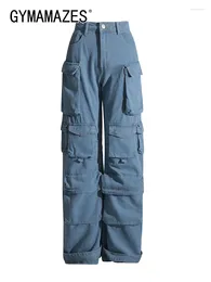 Women's Jeans GYMAMAZES Blue Denim Cargo Pants For Women High Waist Spliced Button Patchwork Pockets Loose Trousers Female Summer Clothing