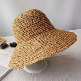 Wide Brim Hats Bucket Hats Handmade straw hat wide Brim sun hat womens beach hat solid Colour fisherman hat Q240403