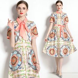 Girl Printed Dress Boutique Short Sleee Dress Summer Bow Dresses High-end Trend Lady Shirt Dresses OL Runway Dresses