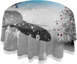 Table Cloth Christmas Tree Snowman Round Tablecloth Fir Forest Snowy With Lace 60 Inch Dining Decorative For Holiday Party