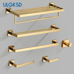 Set Golden Bathroom Hardware Set Accessories Whole Stainless Steel Paper Holder Bathroom Bar Towel Rack Rail Nail Installation Shelf