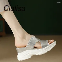 Slippers Cialisa Real Leather Open-Toed Woman Platform Slipper Women Shoes Summer Est Silver Thick High Heels Outdoor Ladies