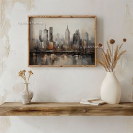 New York City Skyline Oil Painting 100% Handmade City Landscape Abstract Urban Vintage Canvas Painting Modern Wall Art For Home Living Room Decor