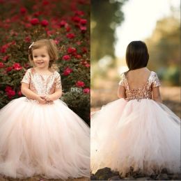 Dresses Rose Gold Sequins Flower Girls' Dresses Cute Baby Infant Toddler Baptism Clothes With Tutu Tulle Ball Gowns Birthday Party Tailor