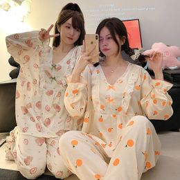 Plus Size Pyjama Mujer Cherry Print Sleepwear Set Long Sleeve TopPants Ruffle Homewear Skin-Friendly Breathable 240403