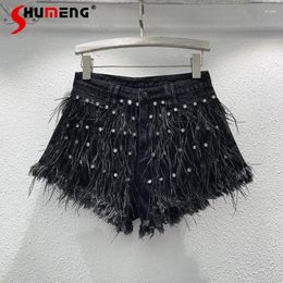 Women's Jeans 2024 Summer Exquisite Rhinestone Feather Design Short Slim Fit Tassel Fashionable Cool Denim Shorts For Women