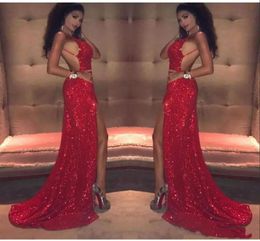 Red Sequined Sparkly Prom Dresses Sexy Low Back Front High Slit Long Mermaid 2020 Party Gown Evening Dress Customise Plus Size8431088