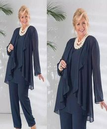 2020 Elegant Mother of the Bride Pant Suits Dark Navy 3 Pieces Chiffon Long Sleeves Mother039s Dresses Plus Size Wedding Guest 5188546