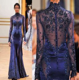 2017 Navy Blue High Neck Lace Formal Evening Dresses Long Sleeve Seethrough Beads Appliques Prom Celebrity Gowns Custom 7449570