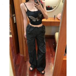 2024 Summer Streetwear Drawstring Pleated Loose Casual Cargo Pants Women Butterfly Rhinestone Sexy Camisole Two-piece Suit 240326