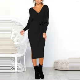Party Dresses Women'S Black Warm Knitted Long Sleeve V-Neck Sexy Hip Wrap Carnival Cocktail Vestidos