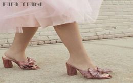 Sandals Ladies Gold Pleated Bow Knot Slip On Mules Slip On Wedding Heeled Sandals For Women Block High Heels Design Dress slippers2768304