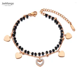 Link Bracelets JeeMango Fashion Stainless Steel Black Crystal Chain For Women Bohemia Heart Charm Bracelet Jewellery JB21075