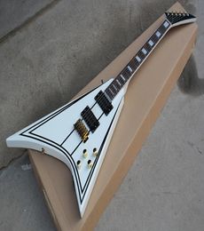 Factory Custom V Shape White Electric Guitar With Black StripsGold HardwareWhite Binding BodyCan be customized8685816