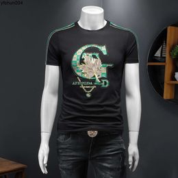 Summer New High Quality Silk Cotton Mens Embroidered Round Neck Trendy Short Sleeve Bottom T-shirt Gtbx