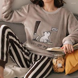 Home Clothing Women Winter Flannel Pyjamas Set Warm Thick Coral Velvet Loungewear Cute Cartoon Long Sleeve Sleepwear Homewear