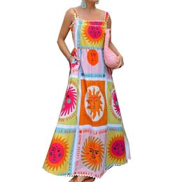 STYLISH LADY Sun Printed High Split Dress 2024 Summer Women Spaghetti Strap Casual Loose Long Beach Vestidos De Festa