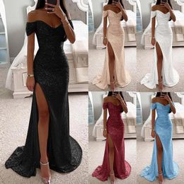 Casual Dresses Sparkly Sequin Prom Maxi 2024 Sexy Off Shoulder High Slit Bodycon Dress Elegant Cocktail Party Evening Gowns Vestidos