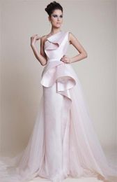ALine One Shoulder Celebrity Red Carpet Evening Dresses Tiered Stain and Tulle Overskirt Floor Length Light Pink Formal Prom Occa8592447