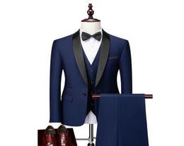 Black Navy Blue Wedding Tuxedos 2022 Slim Blazer Shawl Lapel Three Piece Groom Suits Coat Jacket Pant Satin Boyfriend Suit For Wed6619083