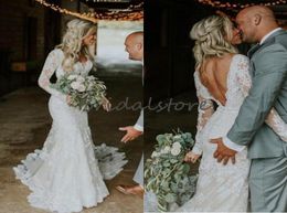Sexy Backless Mermaid Wedding Dresses With Long Sleeve V Neck Lace Rustic Country Garden Wedding Gowns 2020 Elegant vestidos de no6099377