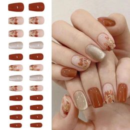 False Nails French Brown Flowers Full Cover Fake Long Ballerina Detachable Nail Tips DIY