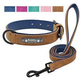 Leather Dog Collar Leash Set Personalised Customised Dogs Collars 2 Layer For Small Medium Large Pitbull 240328