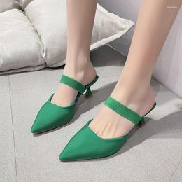 Slippers 2024 Summer Fashion Women's High Heels Pointed Toe Solid Color Slip On Mules Slingback Sexy Mujer