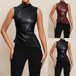 Women's Tanks Halterneck Sleeveless Pu Leather Vest Asymmetrical Hem Slim Fit Solid Sexy Crop Top Summer T Shirts Y2K High Street
