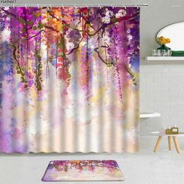 Shower Curtains 2Pcs Plant Watercolour Curtain Purple Flower Green Vine Yellow Floral Fabric Non-Slip Bath Mat Cloth Bathroom Set