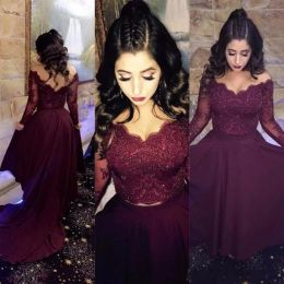 Dresses Burgundy Long Sleeve Eveing Gowns V Neck Illusion Sleeves Sequins Lace Prom Dresses Long Customised Two Pieces Dresses Party Eveni Evening