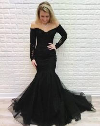 Dresses 2020 New Luxury Black Arabic Mermaid Prom Dresses Off Shoulder Lace Appliques Long Sleeve Plus Size Backless Sweep Train Party Eve