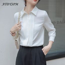 White Satin Shirts Women Chic Elegant Folds Design Fashion Blouses Spring Simplicity Office lady Basic Tops Blusas 240407