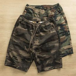 Men's Shorts Mens camouflage shorts 100% cotton casual retro shorts elastic waist loose straight half pants J240407