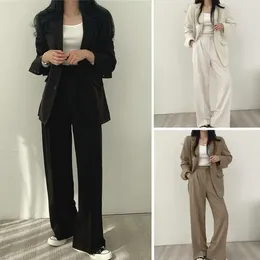 Women's Two Piece Pants Women Elegant Office Suit Set With Lapel High Waist Wide Leg Design For Professional Workwear Style Solid