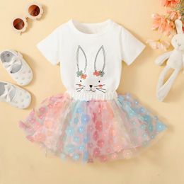 Clothing Sets 2-piece Baby Girl Cute Printed Short Sleeve Romper & Gradient Colour Floral Mesh Patchwork Skirt