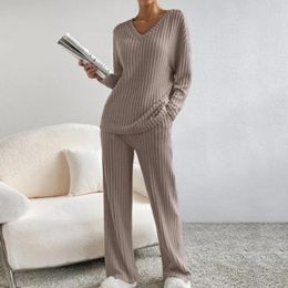 Home Clothing Ribbed Knit Pajama Set Cozy Knitted Sweater Pants With V Neck Pockets For Women Homewear Pajamas Fall Winter Soft