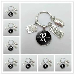 Keychains Lanyards Hot selling A-Z letter notebook computer mouse keyboard fashionable glass keyring DIY metal bracket jewelry gift Q240403