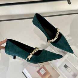 Dress Shoes Low Heel Pointed Toe Pumps Women Suede Chain Thin High Comforts 2024 Spring Fashion Elegant Office Zapatos