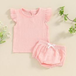 Clothing Sets Soft Cotton Linne Baby Girls Summer Shorts Outfits Infant Solid Colour Sleeve T-Shirt With 2Pcs Kids Clothes Set