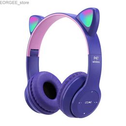 Cell Phone Earphones P47 Kids Headphones With Cat Ear RGB Led Light Up Foldable Over-Ear Headphones With AUX 3.5mm Wireless Headset Y240407