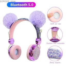 Cell Phone Earphones Bling Girl Kid Bluetooth Wireless Headphone With Microphone Luxury Glitter Cute Hairball Music Helmet Wired Phone Headset Gift Y240407