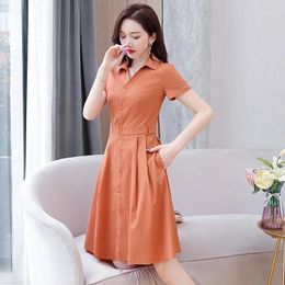 Party Dresses Orange For Women French Summer V-neck Slim Fit Chic Shirts Short Sleeve Dress Button Light Blue Pockets Clothing Office