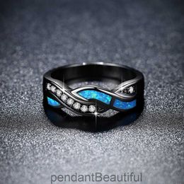 Fashionable Wave Ring Womens Blue Opal White Diamond Cross Black Ring Jewelry