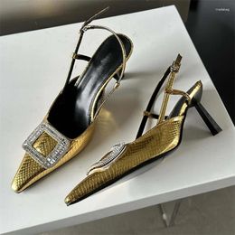 Dress Shoes 2024 Sexy Gold Silver Pointed Toe Buckle Strap Thin Heels Wedding Prom Fashion Rhinestone Designer Slingbacks Women Pumps