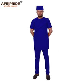 African Men Clothing Traditional Set Dashiki Outfit Short Sleeve Coat Pants Tribal Hat Tracksuit Wax AFRIPRIDE A1916023 240403