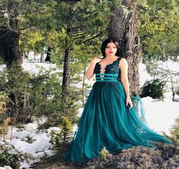 Teal Prom Dresses Long Deep V Neck Backless Sweep Train A Line Appliques Sash Formal Evening Party Gown Ladies Celebrity Wear Plus1769974