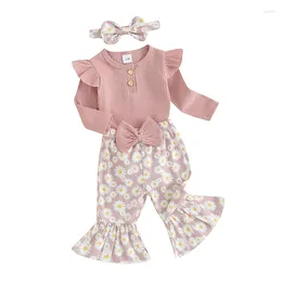 Clothing Sets Toddler Baby Girl Clothes Ribbed Long Sleeve Romper Daisy Flared Pants Headband 3Pcs Born Outfits